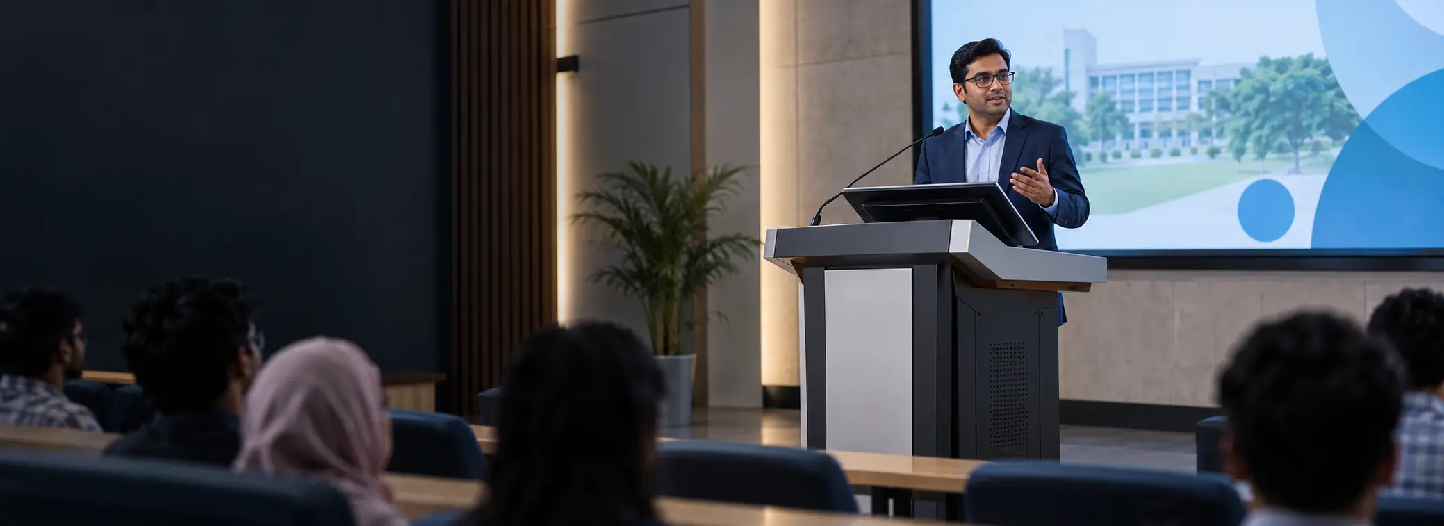 Presenter using a digital podium in a modern lecture hall